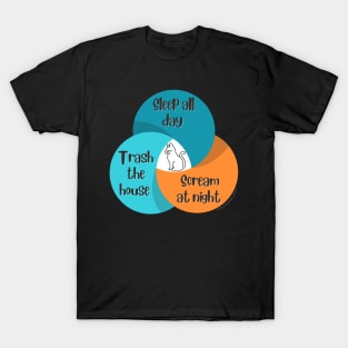 Venn Diagram Cats Sleep all day Trash the house Scream at night T-Shirt